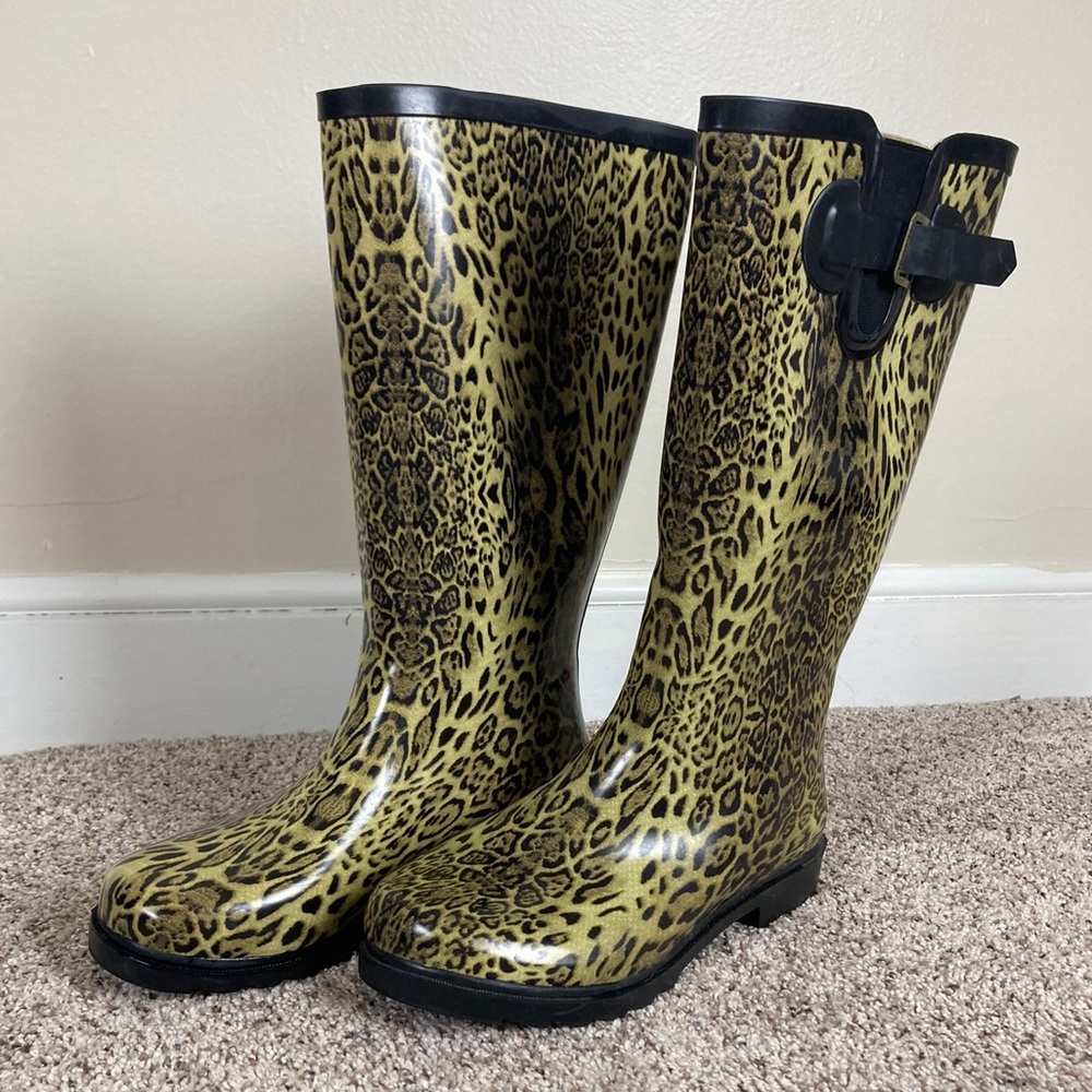 Leopard Print Tall Rainboots with adjustable, wide calf